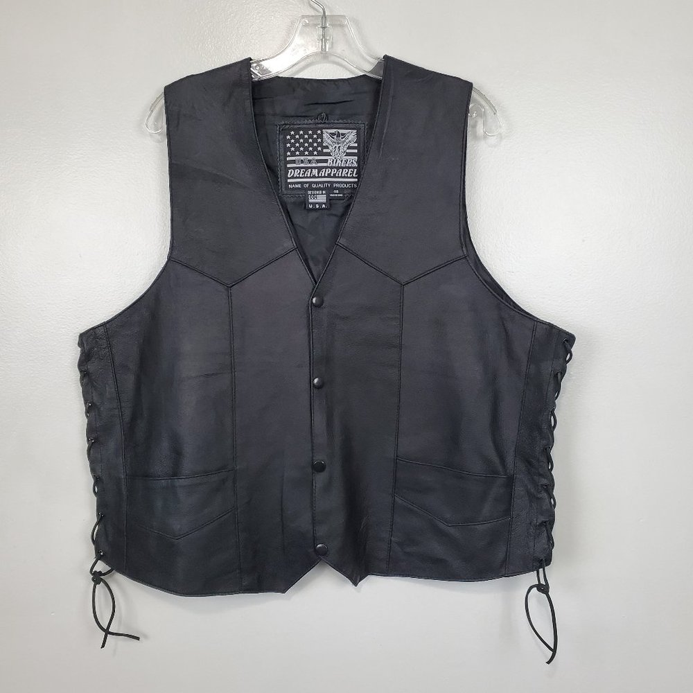 USA Bikers Dream Apparel Men's Black Leather Snap Front Motorcycle Vest Size 48
